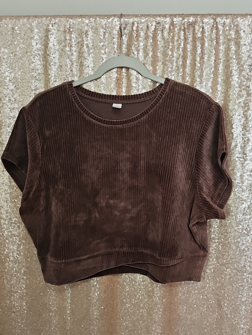 Source Unknown Brown Ribbed Velvet Crop Tee
